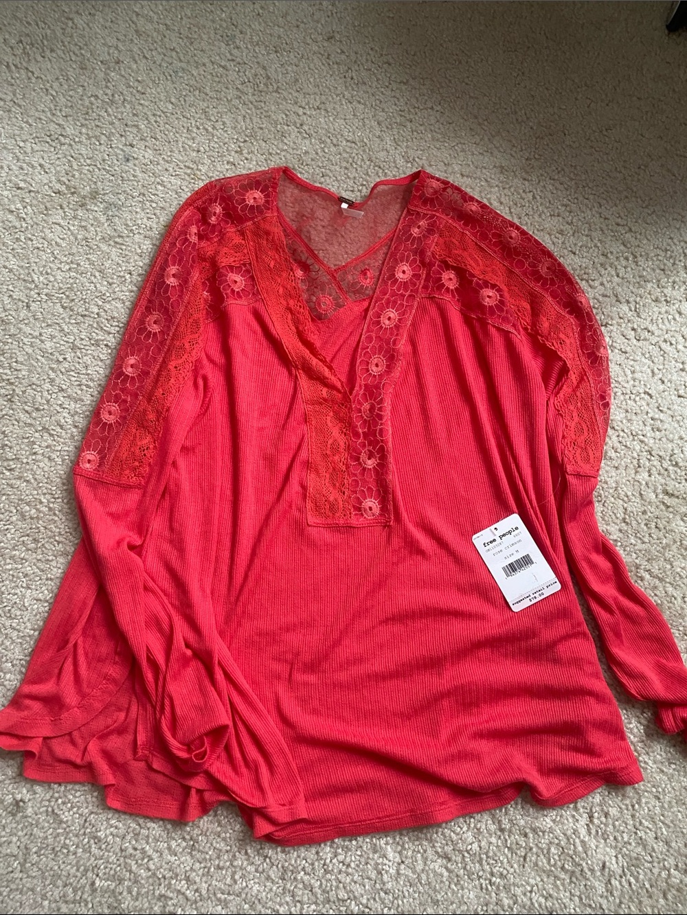 Free people New Women's dark pink Lace-Trim V-Neck thin tunic M